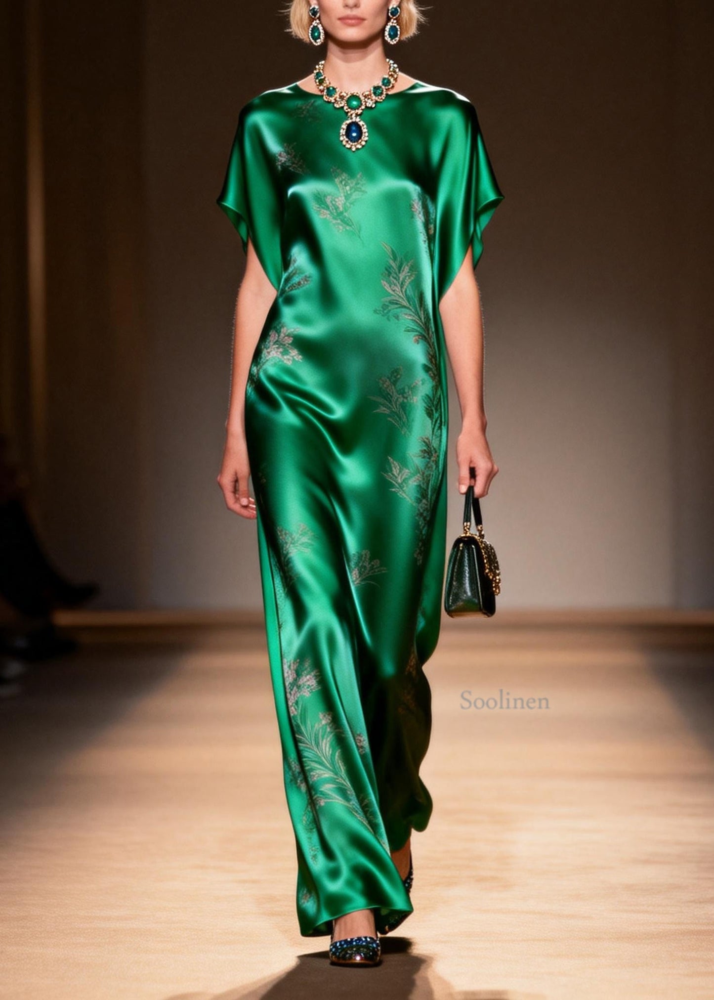 Classy Green O Neck Jacquard Silk Long Dress Summer