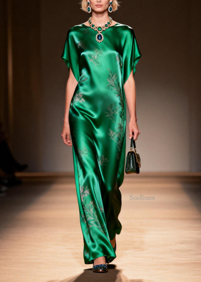 Classy Green O Neck Jacquard Silk Long Dress Summer