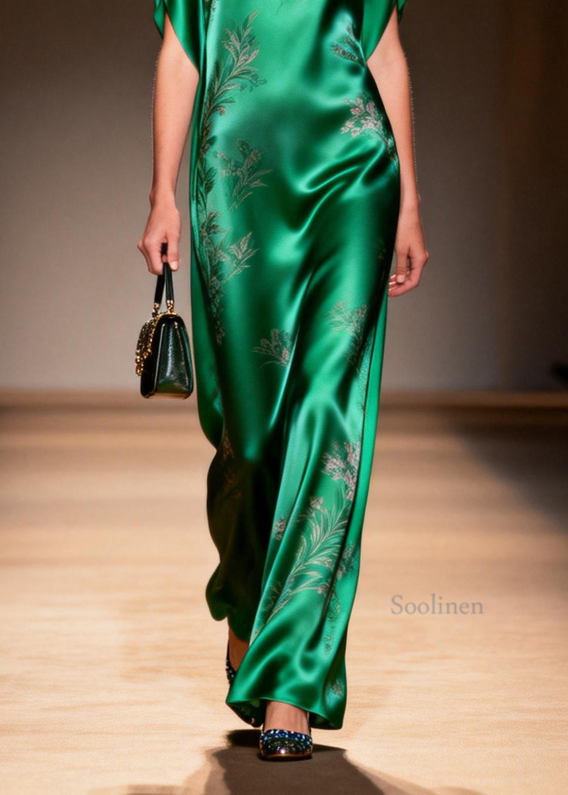 Classy Green O Neck Jacquard Silk Long Dress Summer