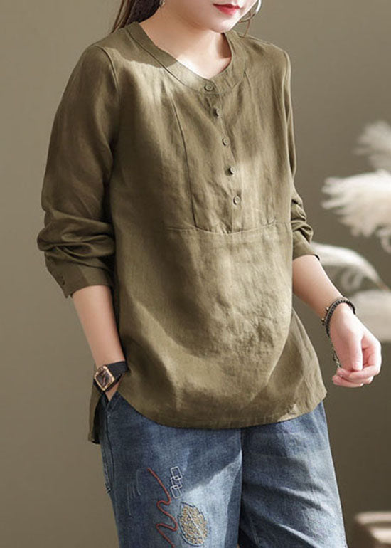 Edles grünes O-Ausschnitt Knopf Patchwork Leinen Hemd Top Langarm