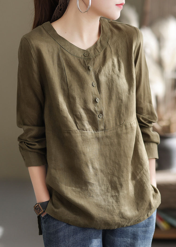 Edles grünes O-Ausschnitt Knopf Patchwork Leinen Hemd Top Langarm