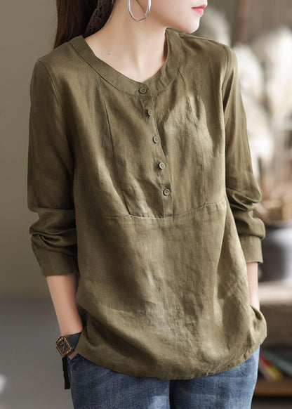 Edles grünes O-Ausschnitt Knopf Patchwork Leinen Hemd Top Langarm