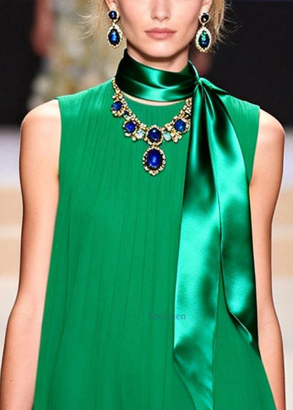 Classy Green Oversized Draping Chiffon A Line Dress Sleeveless