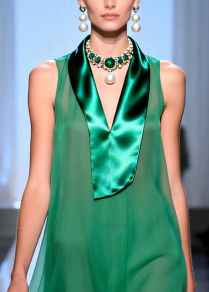 Classy Green Peter Pan Collar Patchwork Chiffon Work Dress Sleeveless