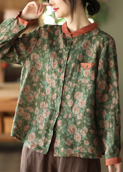 Blusa elegante de ramio con botones y estampado de cuello Peter Pan verde para primavera