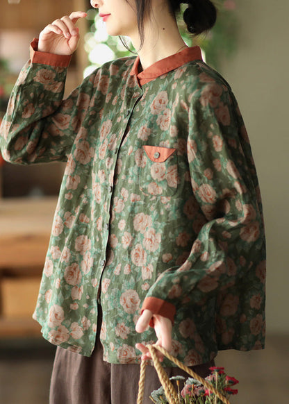 Blusa elegante de ramio con botones y estampado de cuello Peter Pan verde para primavera