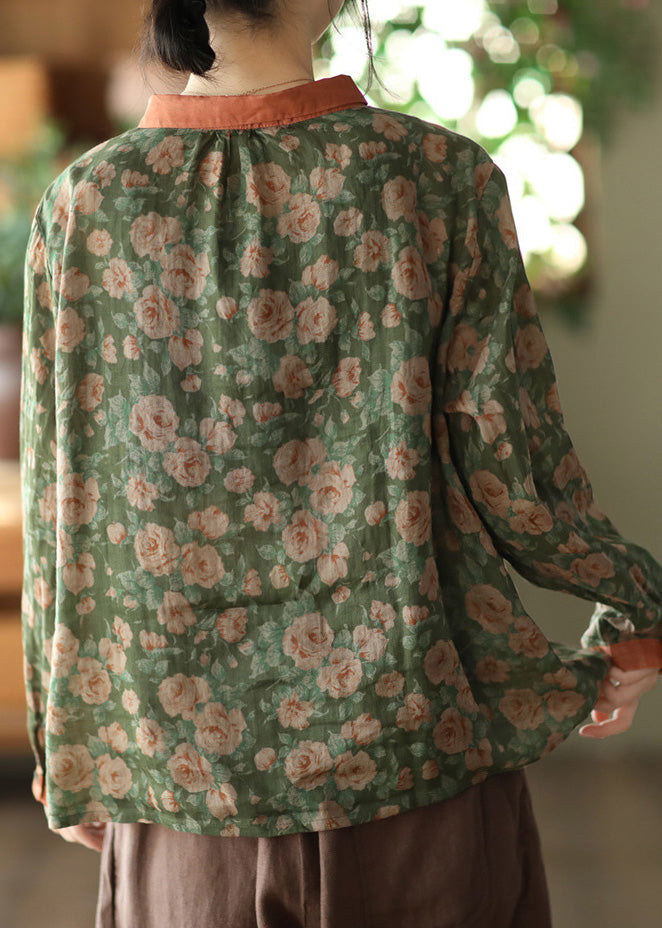 Blusa elegante de ramio con botones y estampado de cuello Peter Pan verde para primavera