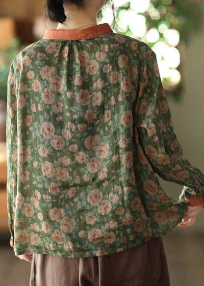 Blusa elegante de ramio con botones y estampado de cuello Peter Pan verde para primavera