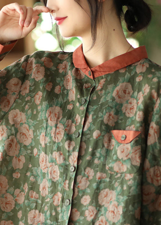 Blusa elegante de ramio con botones y estampado de cuello Peter Pan verde para primavera