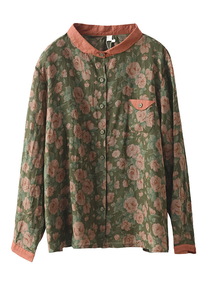 Blusa elegante de ramio con botones y estampado de cuello Peter Pan verde para primavera