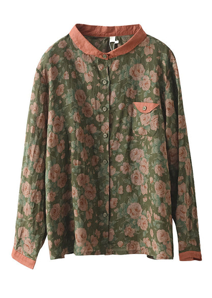 Blusa elegante de ramio con botones y estampado de cuello Peter Pan verde para primavera