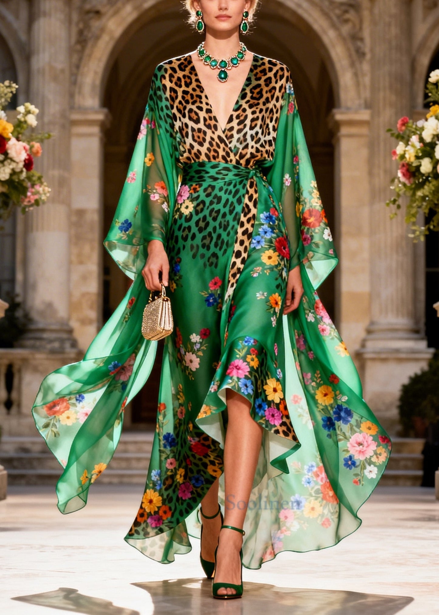 Classy Green Print Low High Design Chiffon Holiday Dress Summer