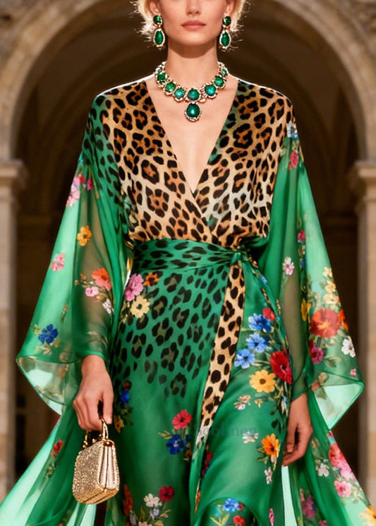 Classy Green Print Low High Design Chiffon Holiday Dress Summer