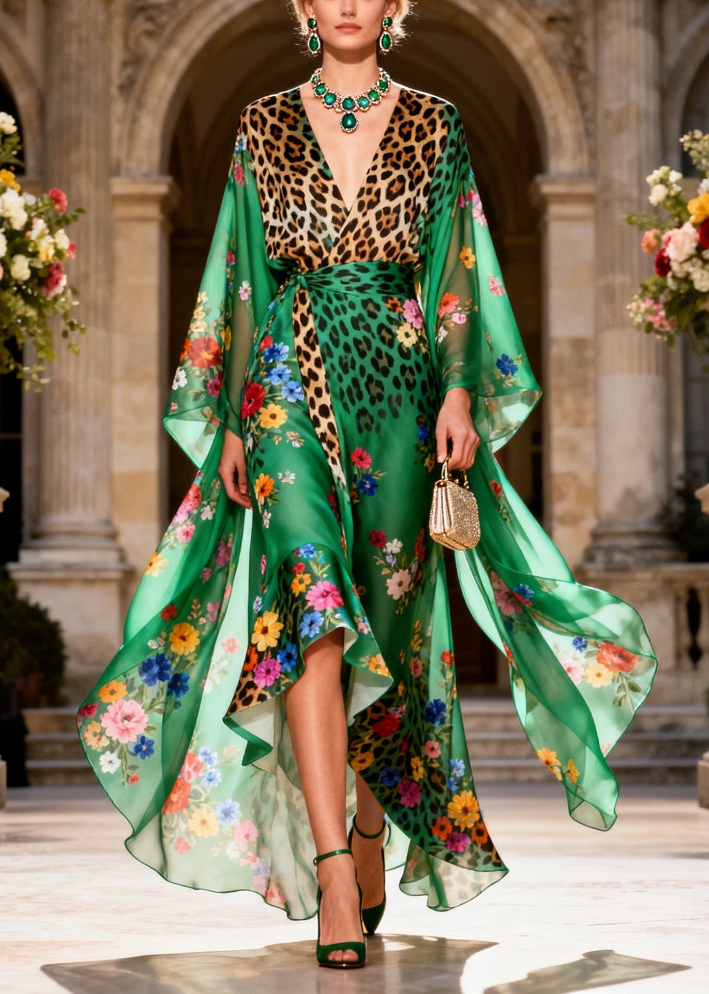 Classy Green Print Low High Design Chiffon Holiday Dress Summer