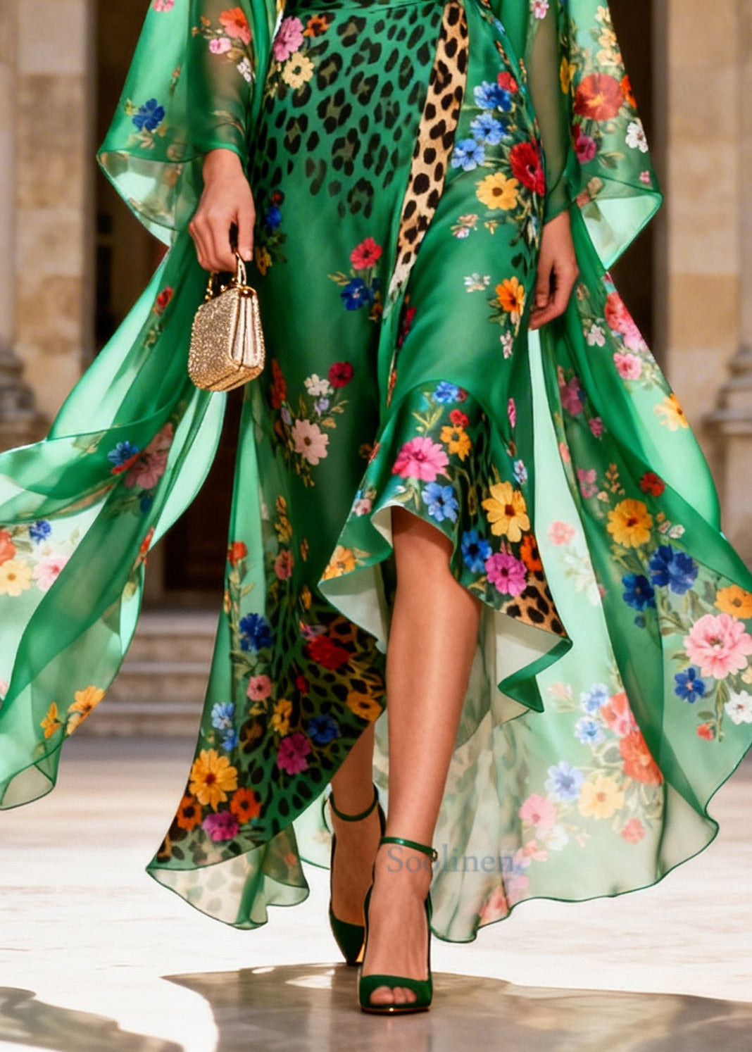 Classy Green Print Low High Design Chiffon Holiday Dress Summer