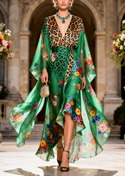 Classy Green Print Low High Design Chiffon Holiday Dress Summer