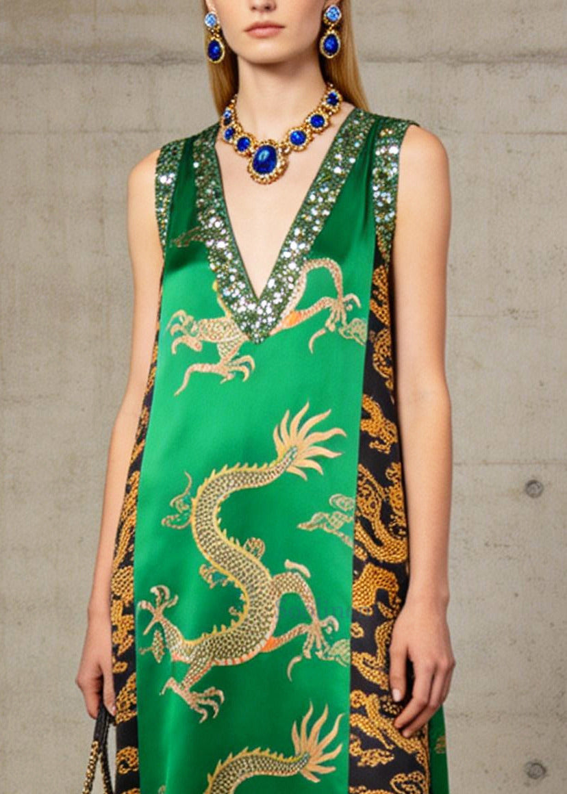 Classy Green Sequins Fringe Trim Print Silk Maxi Dresses Summer