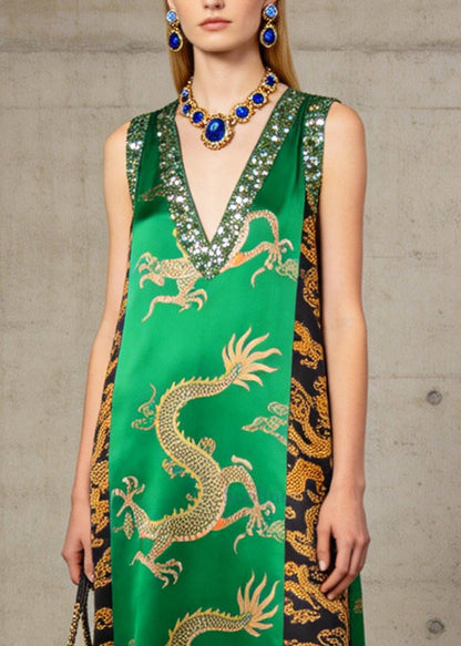 Classy Green Sequins Fringe Trim Print Silk Maxi Dresses Summer