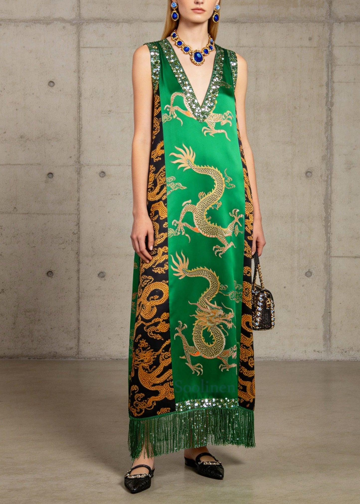 Classy Green Sequins Fringe Trim Print Silk Maxi Dresses Summer