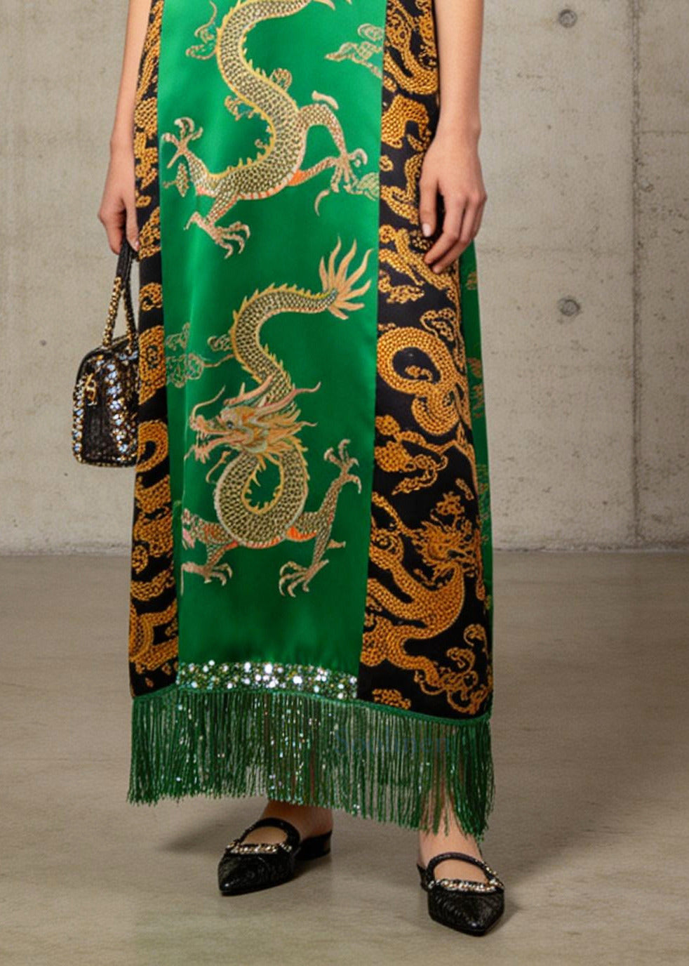 Classy Green Sequins Fringe Trim Print Silk Maxi Dresses Summer