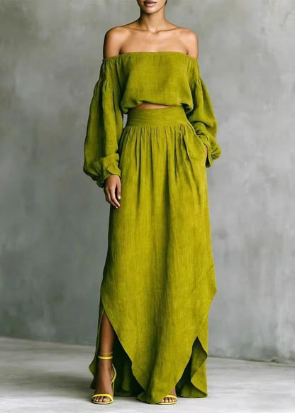 Classy Green Slash Neck Asymmetrical Side Open Two Pieces Set Long Sleeve