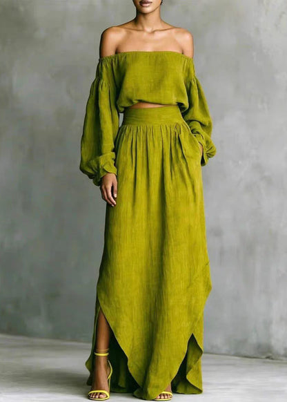 Classy Green Slash Neck Asymmetrical Side Open Two Pieces Set Long Sleeve