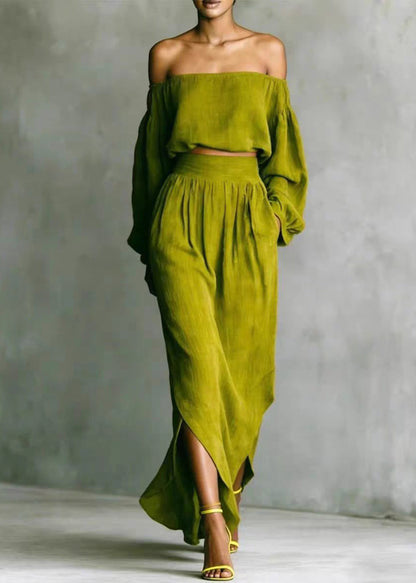 Classy Green Slash Neck Asymmetrical Side Open Two Pieces Set Long Sleeve