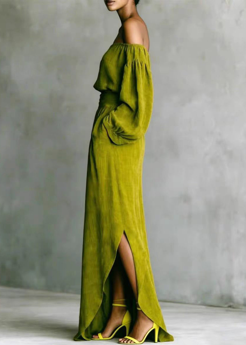 Classy Green Slash Neck Asymmetrical Side Open Two Pieces Set Long Sleeve