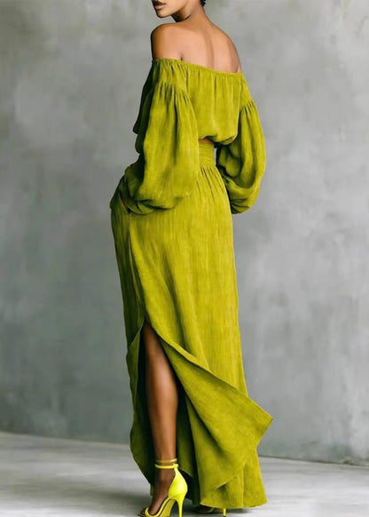 Classy Green Slash Neck Asymmetrical Side Open Two Pieces Set Long Sleeve