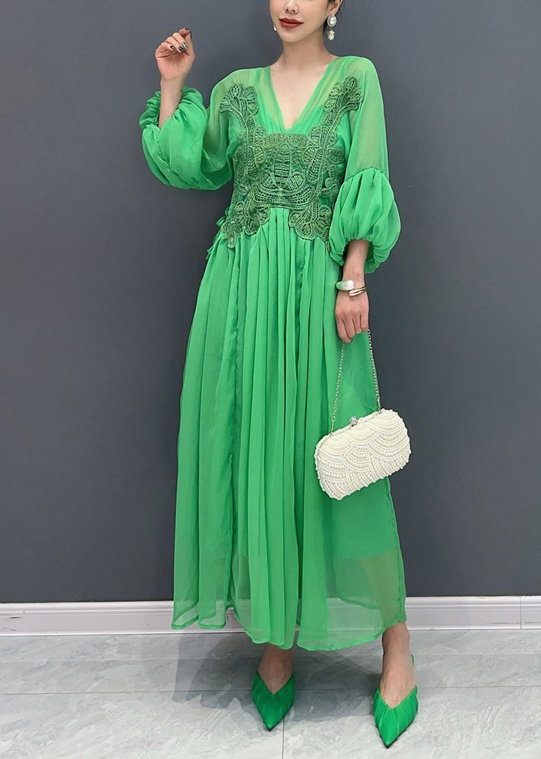 Classy Green V Neck Patchwork Chiffon Maxi Dresses Fall