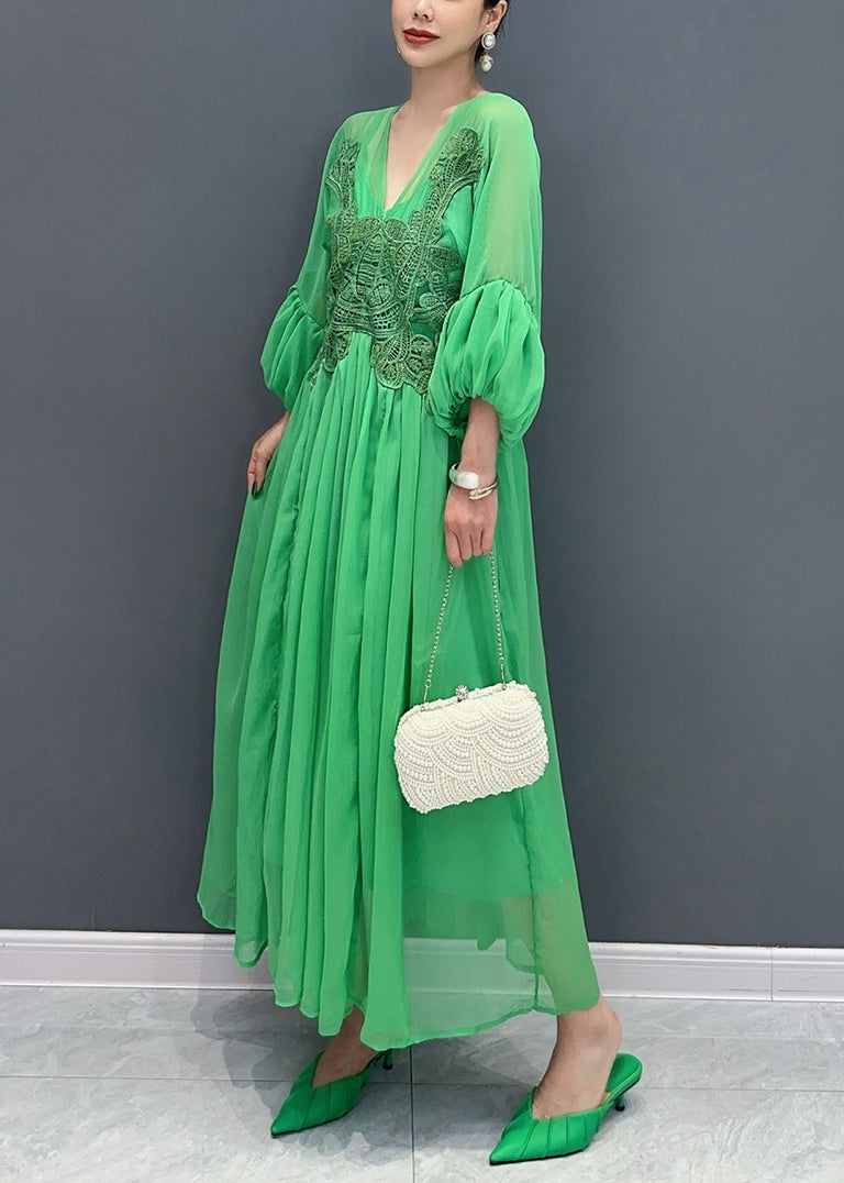 Classy Green V Neck Patchwork Chiffon Maxi Dresses Fall