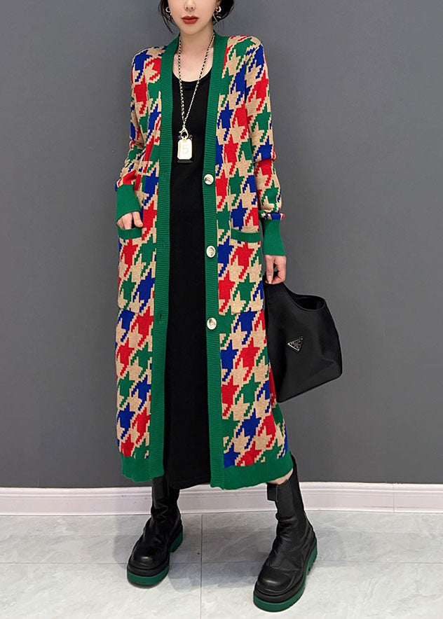 Edle grüne V-Ausschnitt Plaid Taschen stricken lange Strickjacken Winter