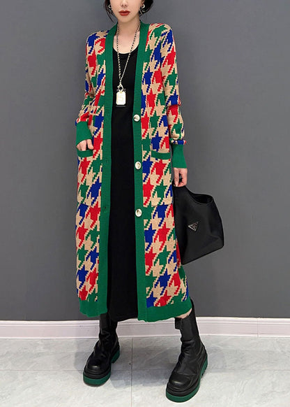 Edle grüne V-Ausschnitt Plaid Taschen stricken lange Strickjacken Winter