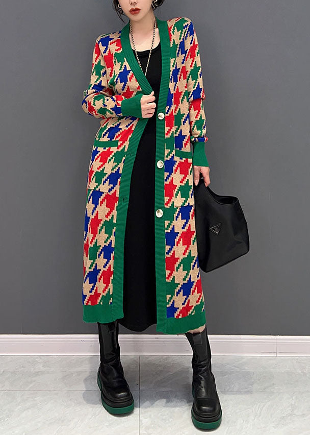 Edle grüne V-Ausschnitt Plaid Taschen stricken lange Strickjacken Winter