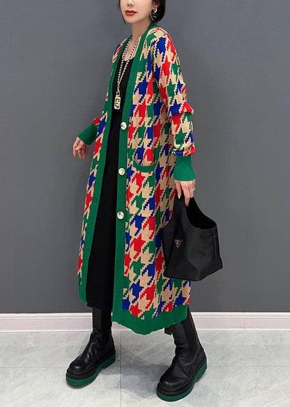 Edle grüne V-Ausschnitt Plaid Taschen stricken lange Strickjacken Winter