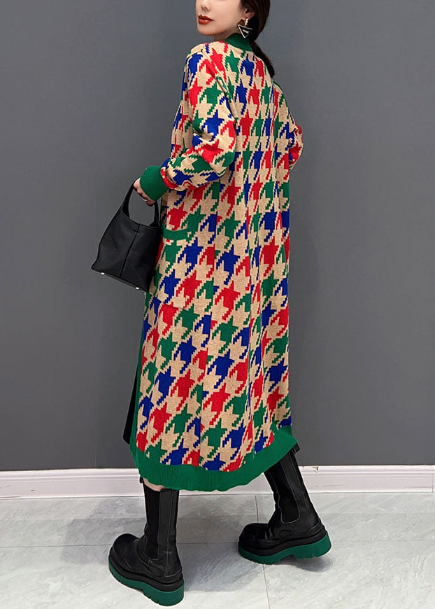 Edle grüne V-Ausschnitt Plaid Taschen stricken lange Strickjacken Winter