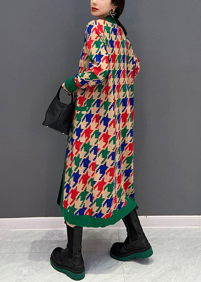 Edle grüne V-Ausschnitt Plaid Taschen stricken lange Strickjacken Winter