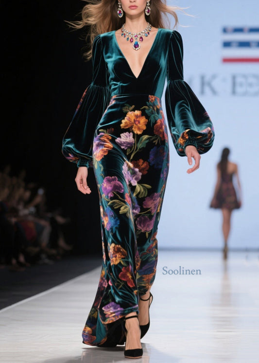 Elegante vestido de terciopelo con estampado de cuello en V verde y mangas farol