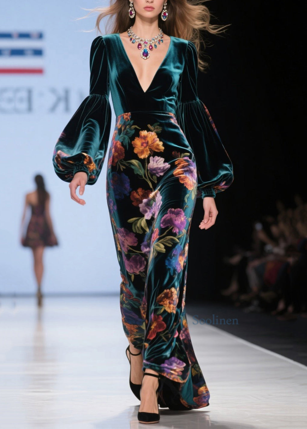 Elegantes grünes Samtkleid mit V-Ausschnitt und Laternenärmeln