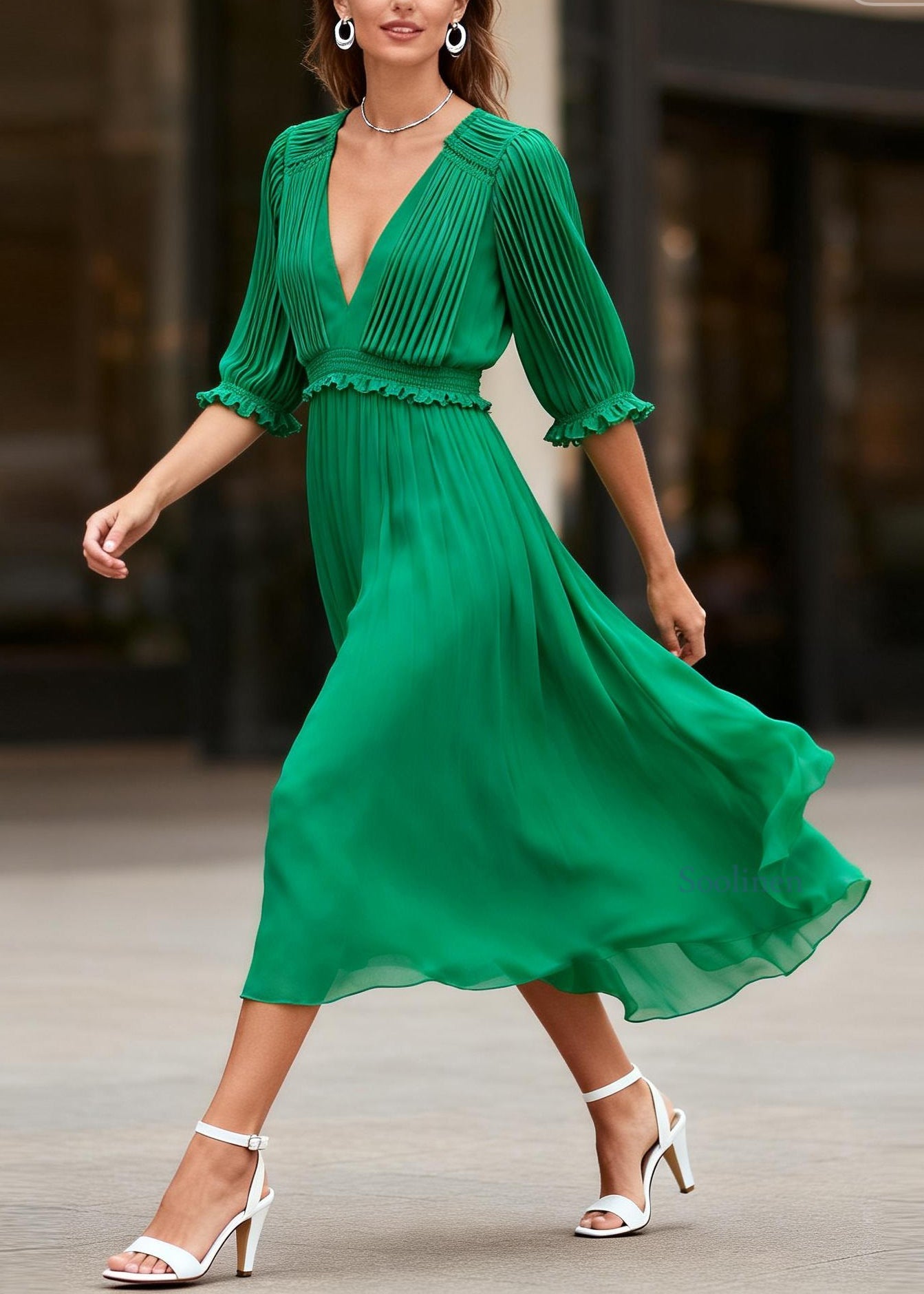 Classy Green V Neck Ruffled Patchwork Chiffon Dress Summer