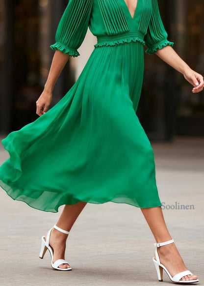 Classy Green V Neck Ruffled Patchwork Chiffon Dress Summer