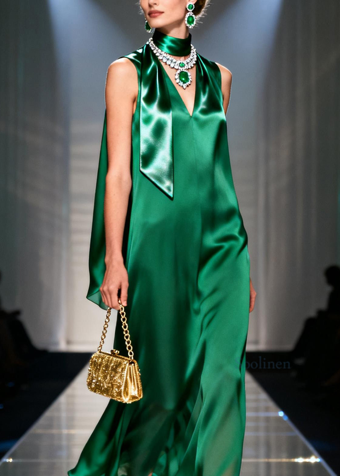 Classy Green V Neck Silk Long Dresses Sleeveless