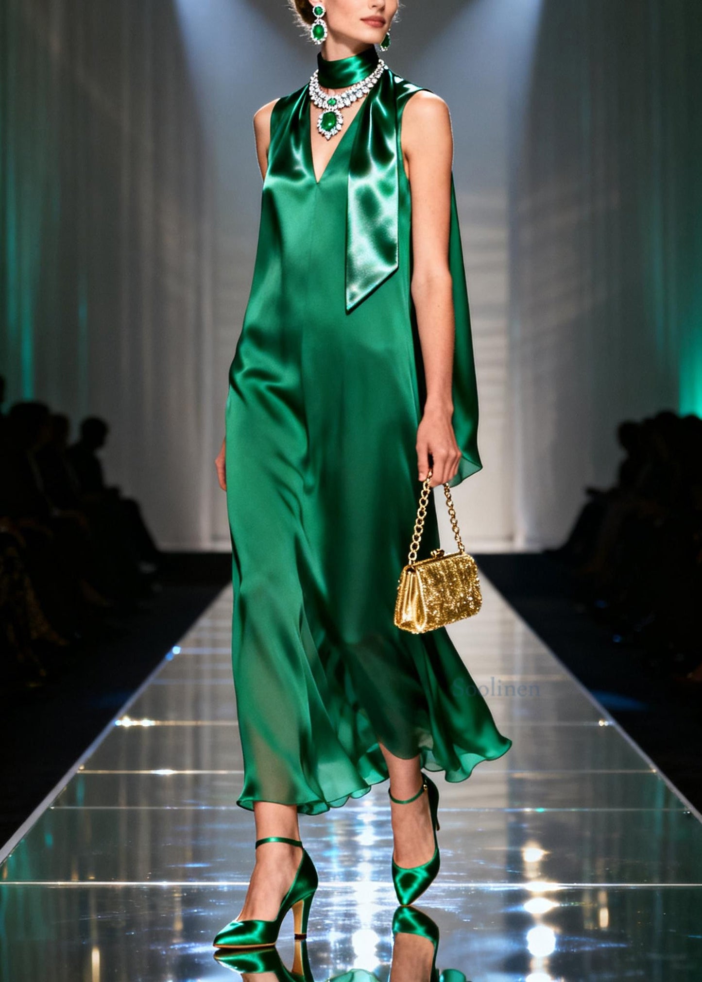 Classy Green V Neck Silk Long Dresses Sleeveless