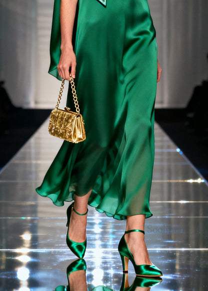 Classy Green V Neck Silk Long Dresses Sleeveless