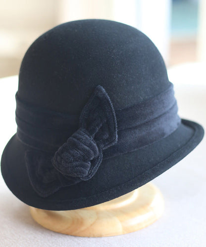 Classy Green Velvet Bow Woolen Bucket Hat