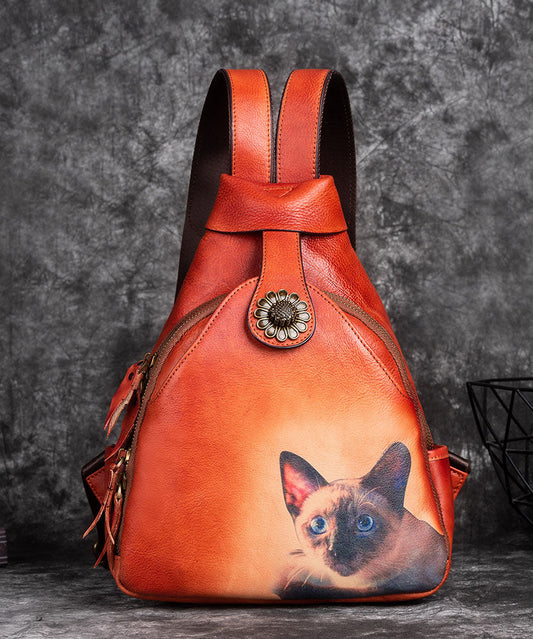 Edler Rucksack aus grünem Kalbsleder mit Kätzchen-Print