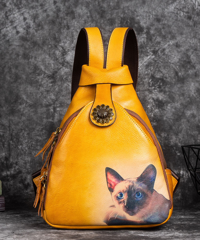 Edler Rucksack aus grünem Kalbsleder mit Kätzchen-Print