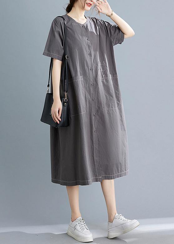 Classy Grey Button Cotton O-Neck Summer Maxi Dresses - SooLinen