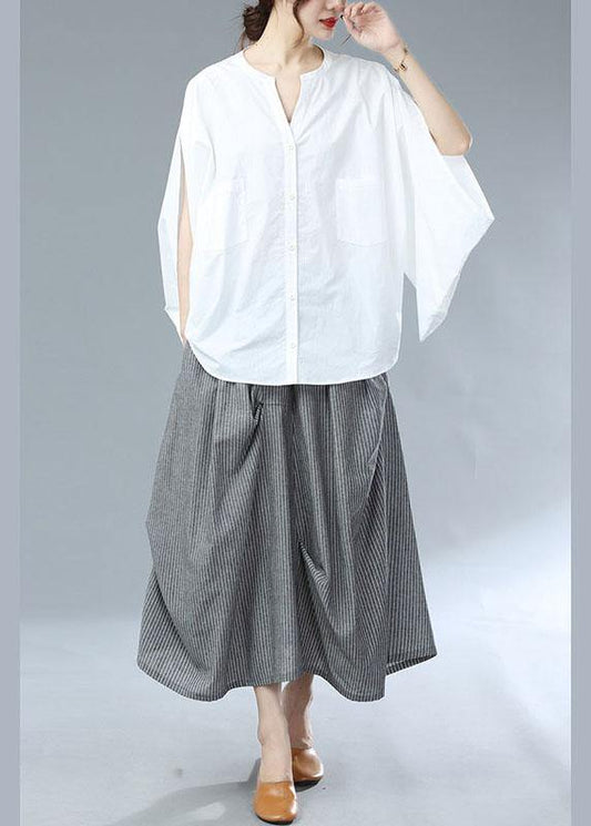 Classy Grey Cinched Wrinkled Pockets Fall Striped Skirt - SooLinen