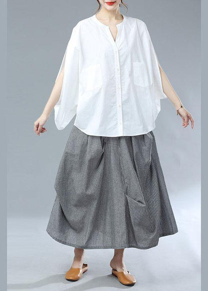 Classy Grey Cinched Wrinkled Pockets Fall Striped Skirt - SooLinen